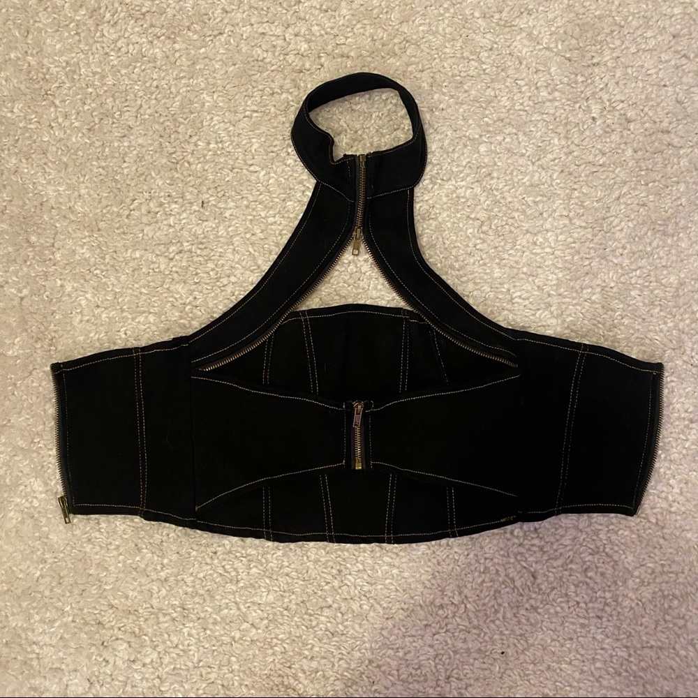 black denim zip up crop top with choker collar